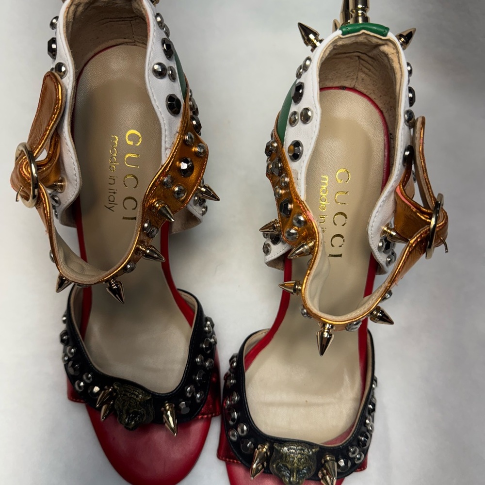 Gucci Red, Green, and Gold Spiked Heels - Picture 8 of 13